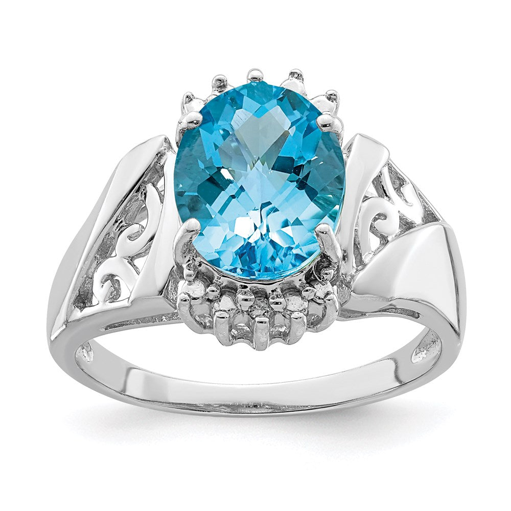Image of ID 1 Sterling Silver Rhodium Checker-Cut Blue Topaz & Diamond Ring