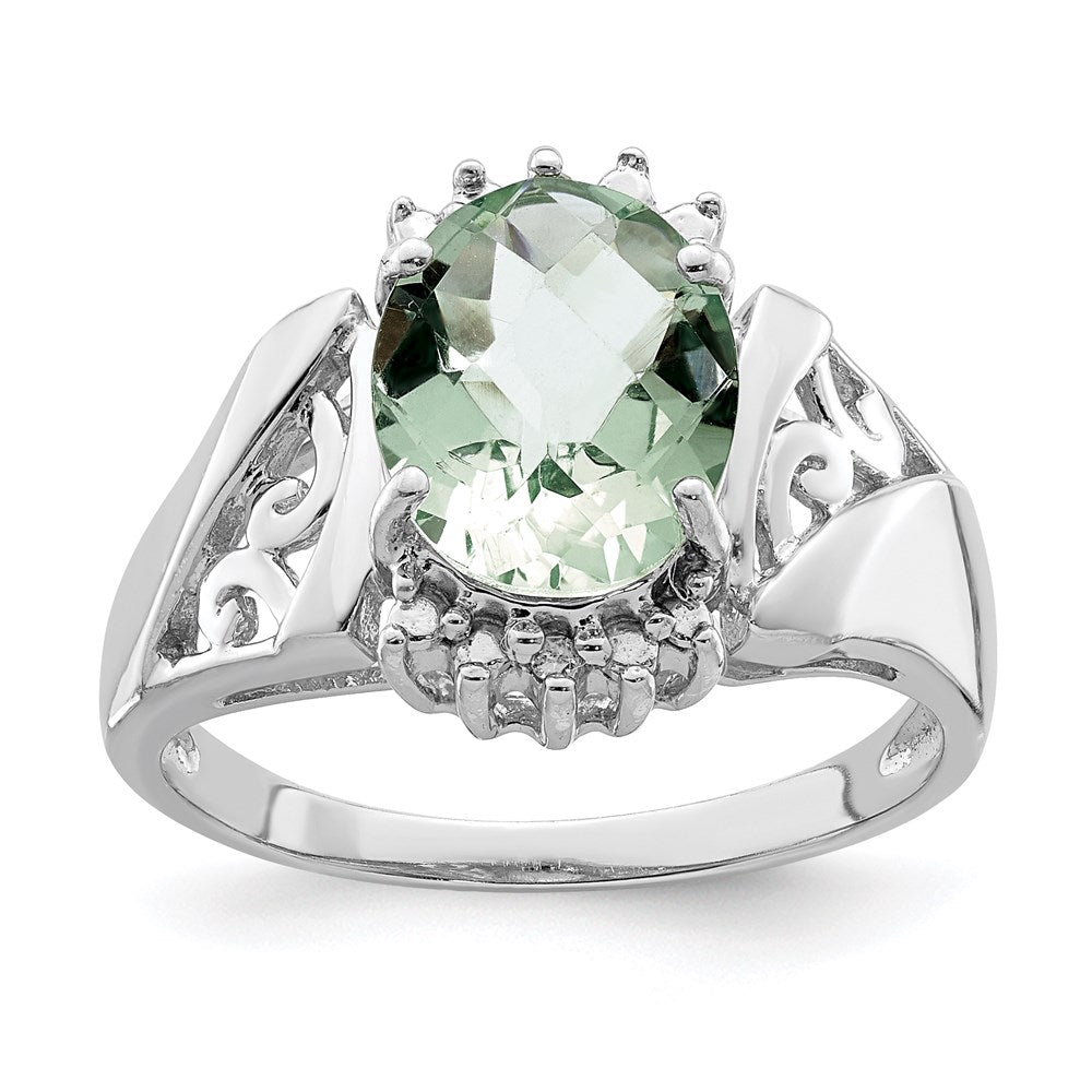 Image of ID 1 Sterling Silver Rhodium Checker-Cut Green Quartz & Diamond Ring