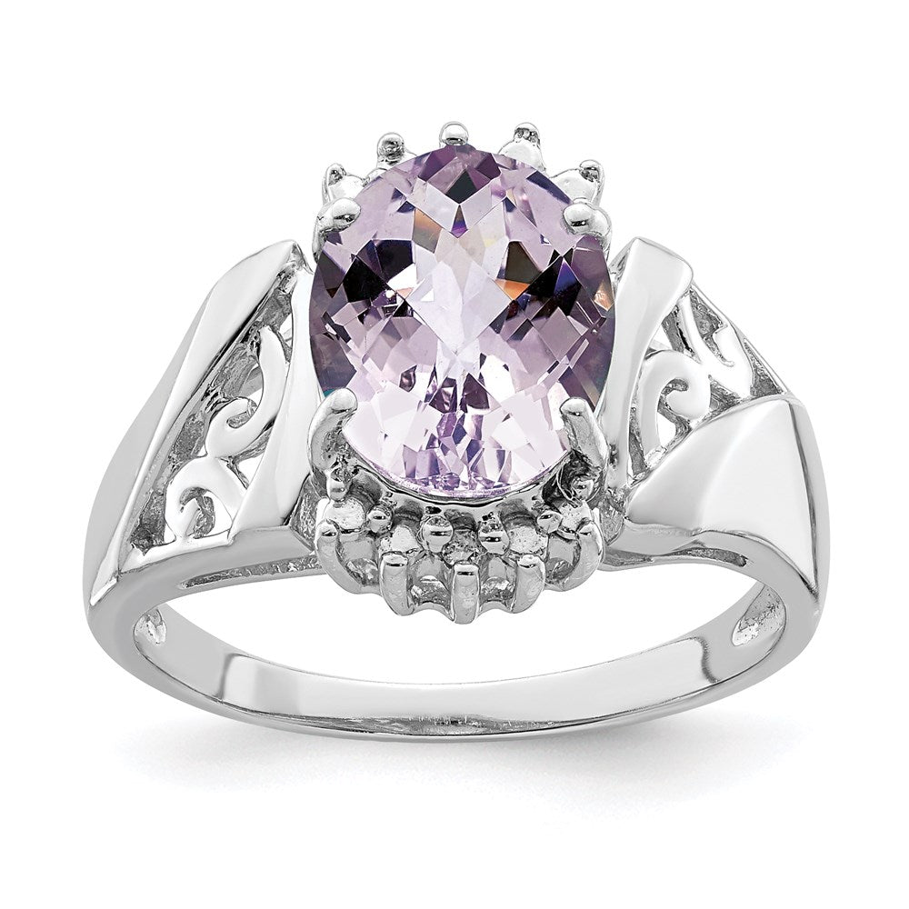 Image of ID 1 Sterling Silver Rhodium Checker-Cut Pink Quartz & Diamond Ring
