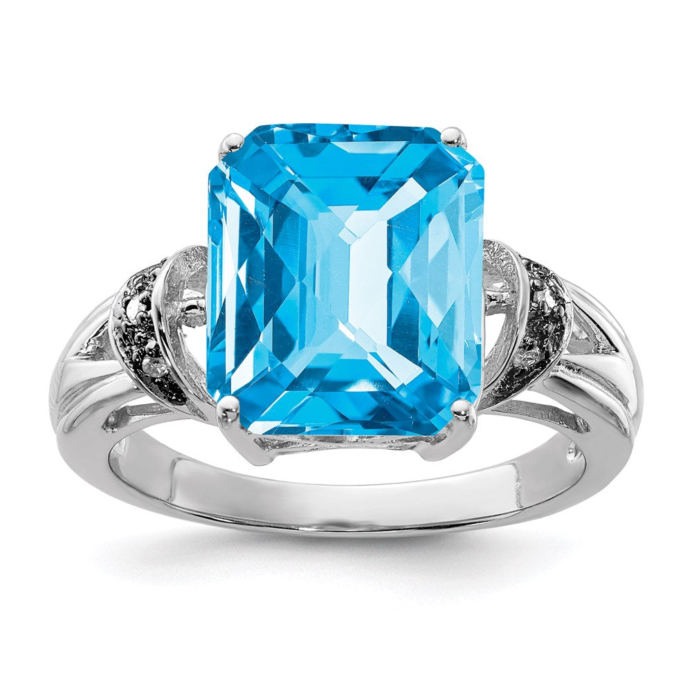 Image of ID 1 Sterling Silver Rhodium Checker-Cut Swiss Blue Topaz & Diamond Ring
