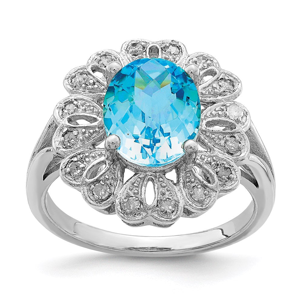 Image of ID 1 Sterling Silver Rhodium Diamond & Checker-Cut Blue Topaz Ring