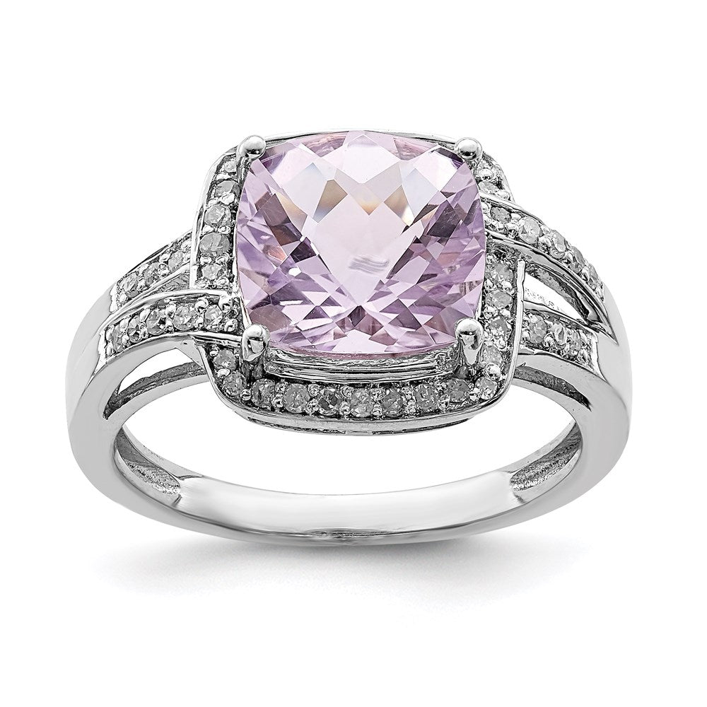 Image of ID 1 Sterling Silver Rhodium Diamond & Checker-Cut Pink Quartz Ring