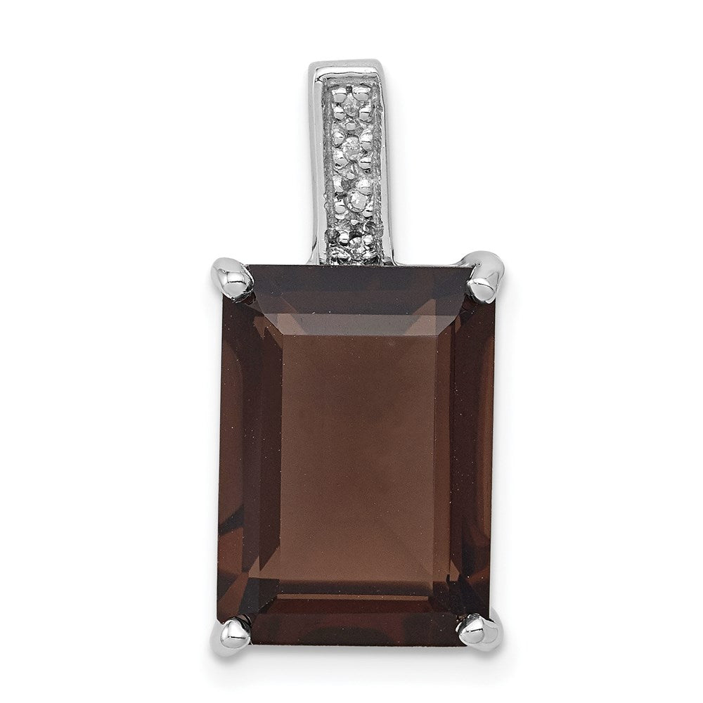 Image of ID 1 Sterling Silver Rhodium Emerald-cut Smoky Quartz & Diamond Pendant