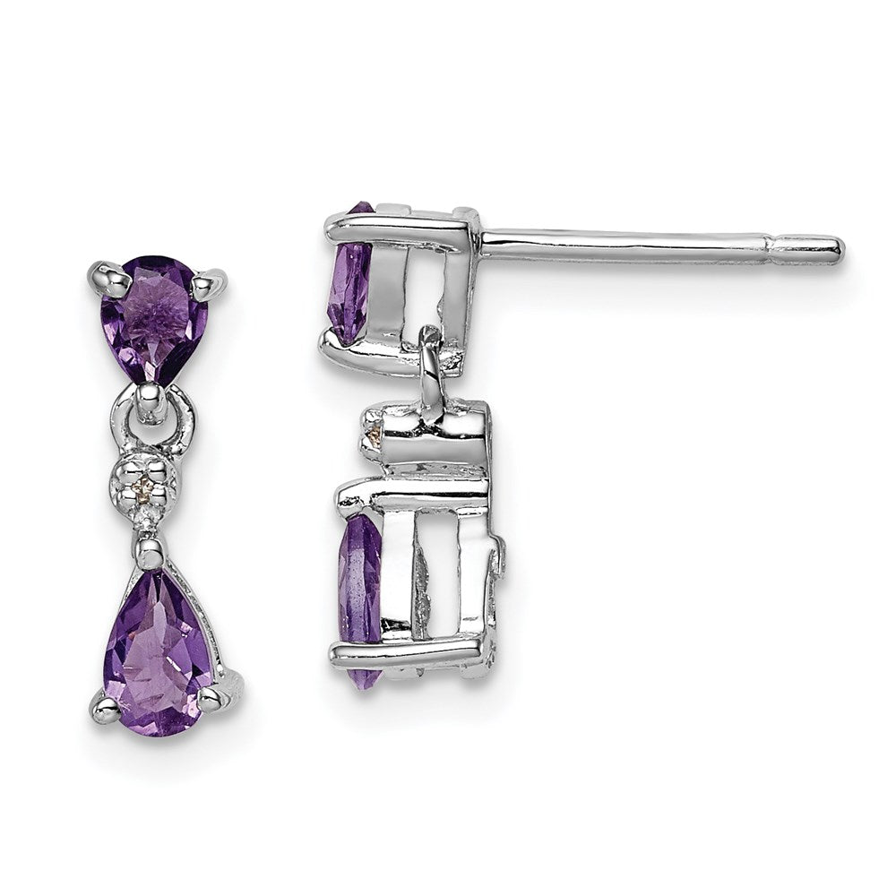 Image of ID 1 Sterling Silver Rhodium Pear Amethyst & Diamond Post Earrings