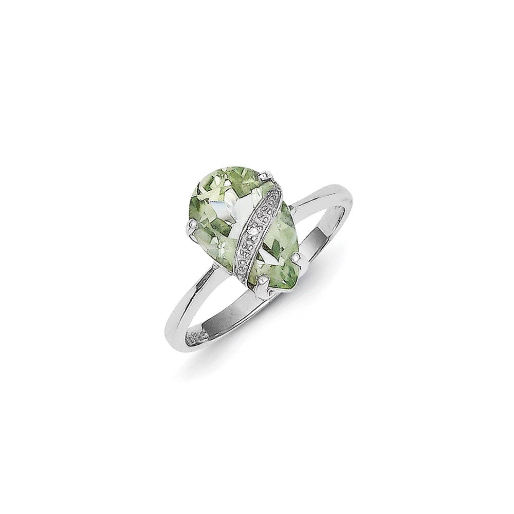 Image of ID 1 Sterling Silver Rhodium Pear Green Quartz & Diamond Ring