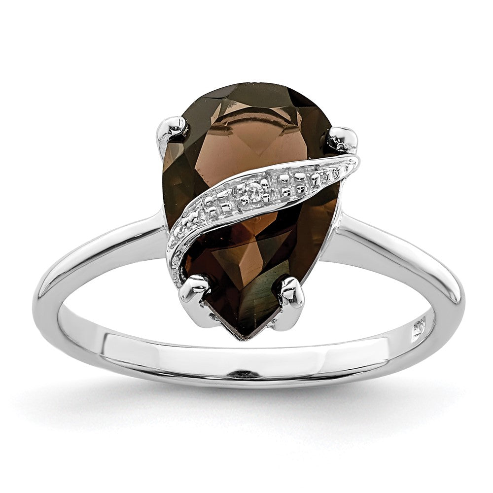 Image of ID 1 Sterling Silver Rhodium Pear Smoky Quartz & Diamond Ring