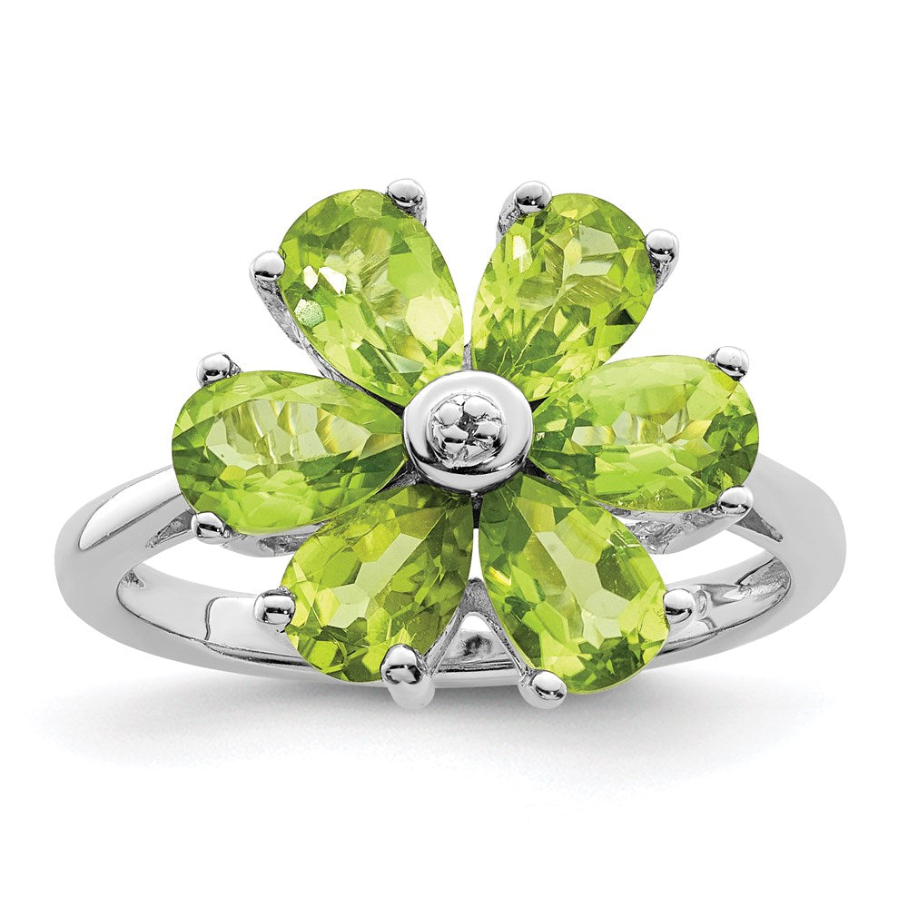 Image of ID 1 Sterling Silver Rhodium Peridot & Diamond Flower Ring