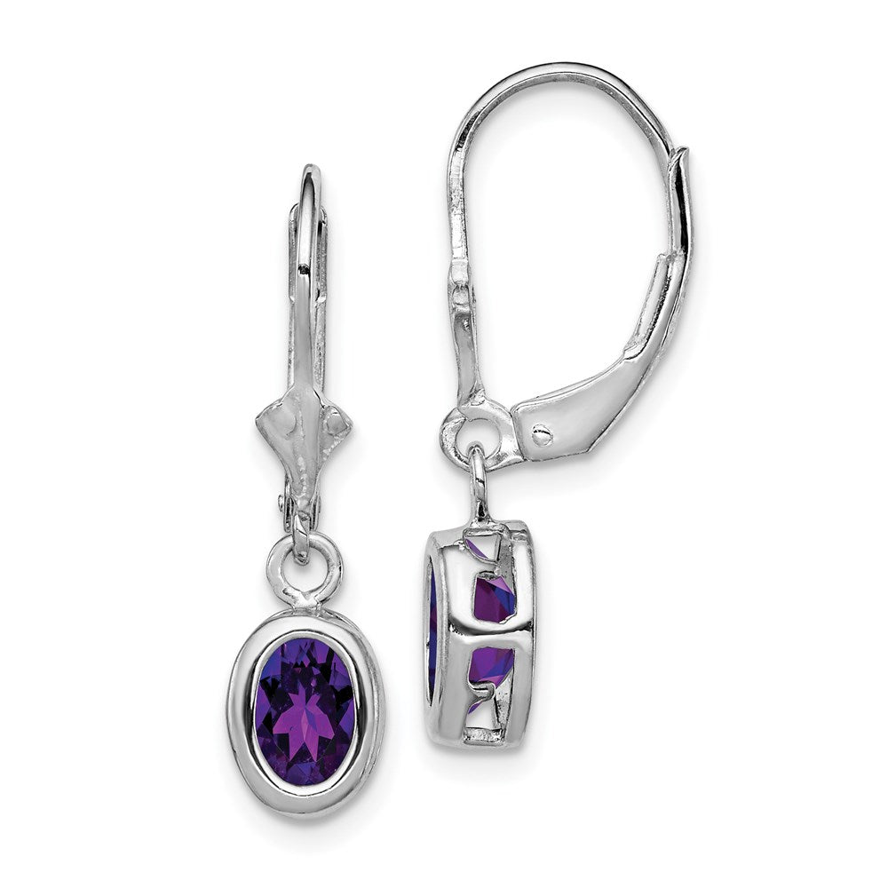 Image of ID 1 Sterling Silver Rhodium Plated 7x5mm Oval Amethyst Leverback Earrings