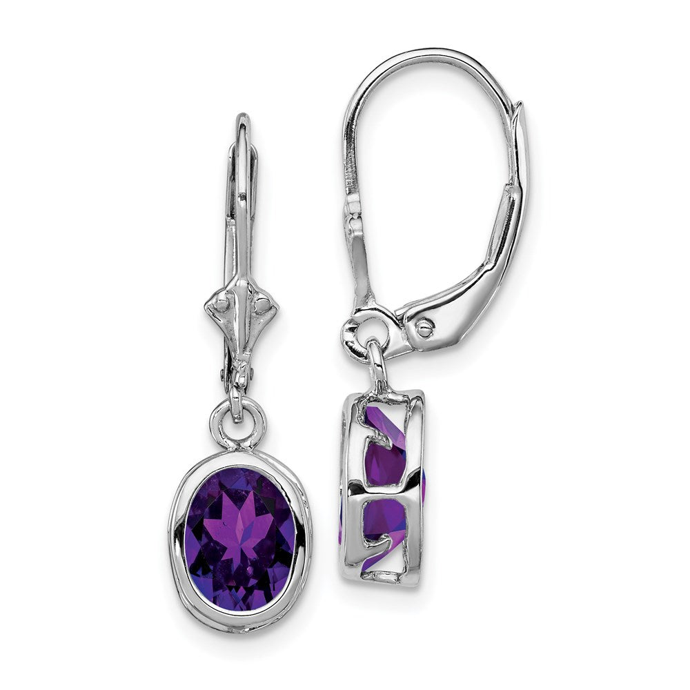 Image of ID 1 Sterling Silver Rhodium Plated 8x6mm Oval Amethyst Leverback Earrings