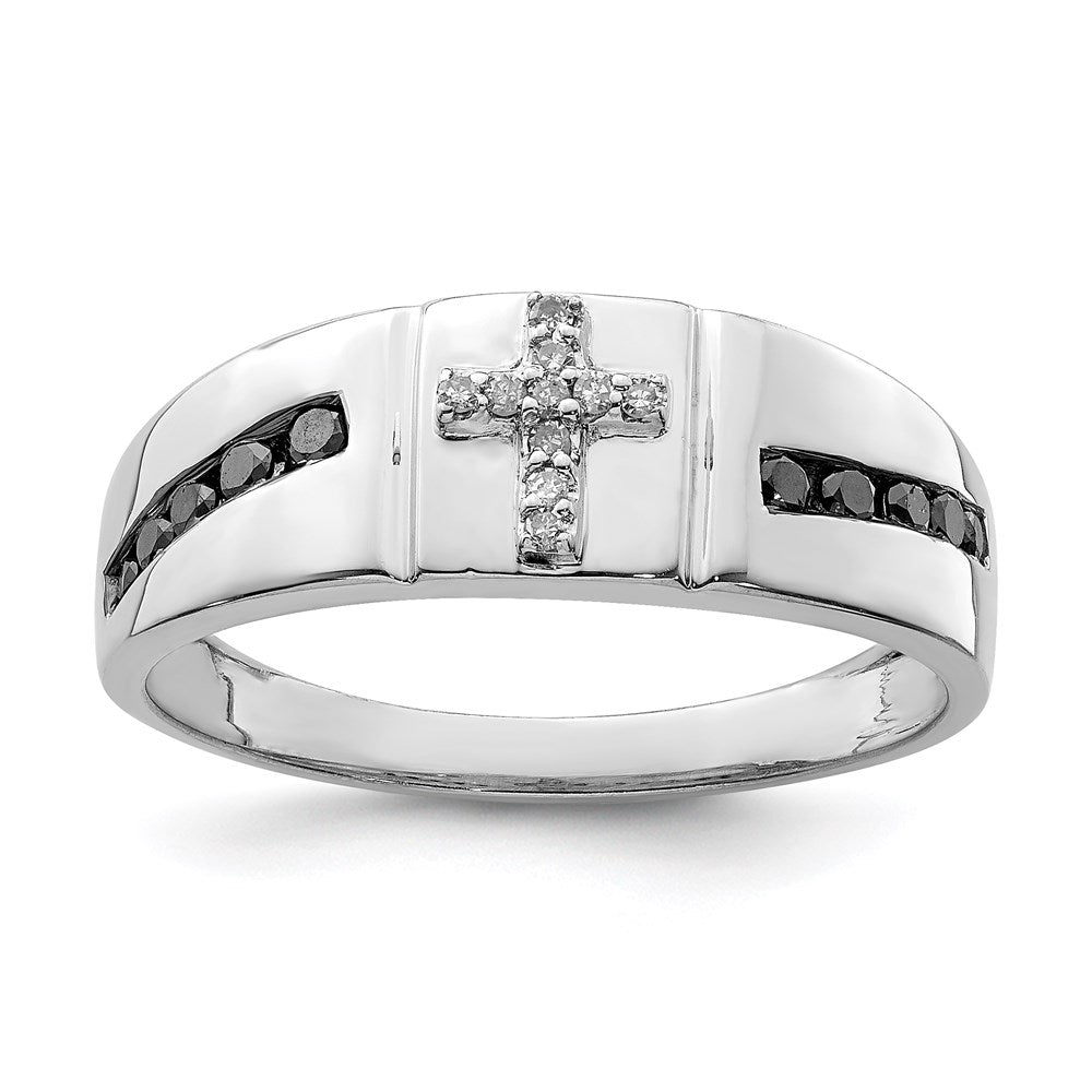 Image of ID 1 Sterling Silver Rhodium Plated Black and White Diamond Cross Men's Ring