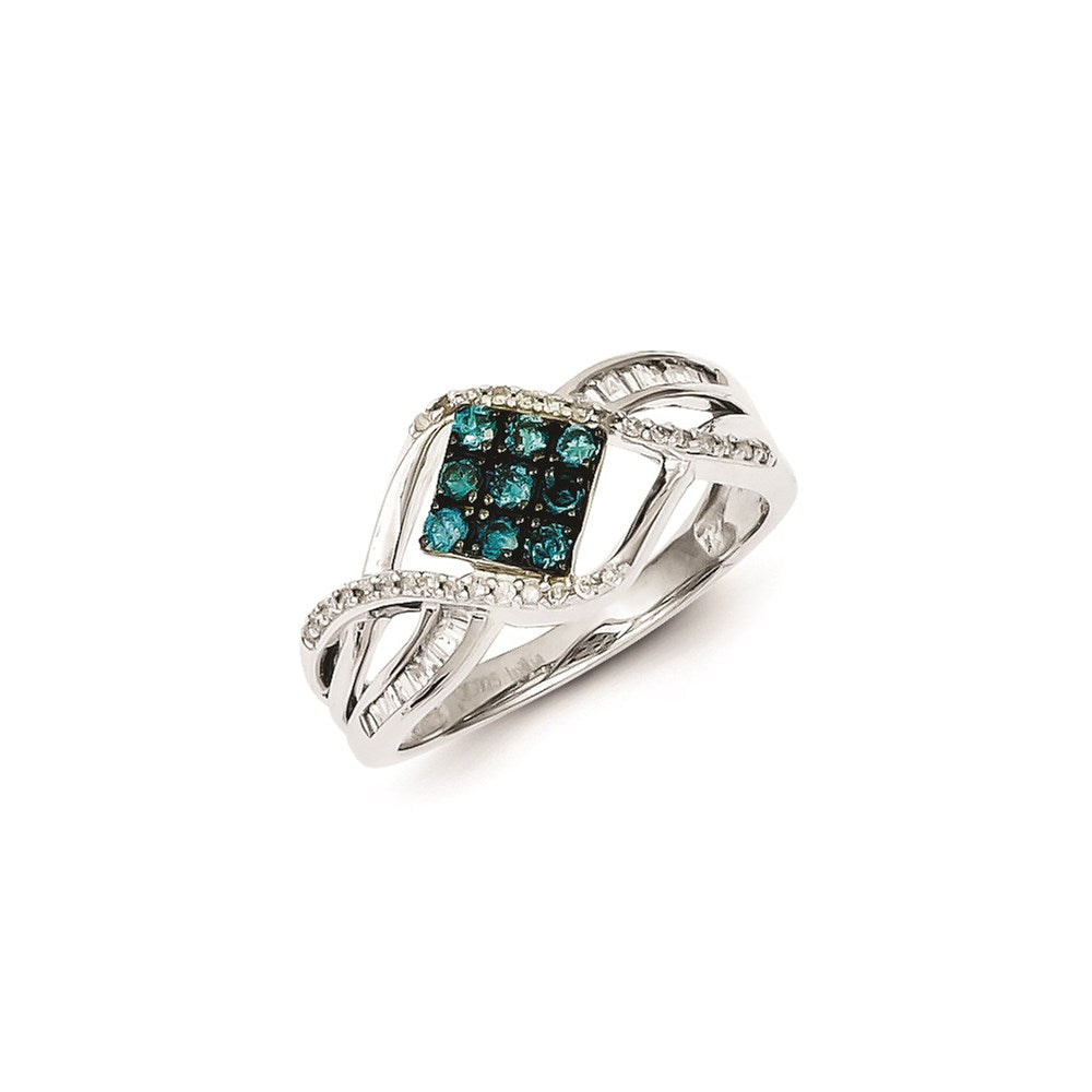 Image of ID 1 Sterling Silver Rhodium Plated Blue & White Diamond Square Ring