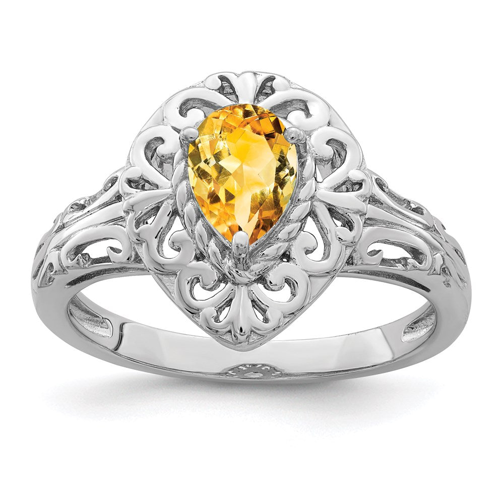 Image of ID 1 Sterling Silver Rhodium Plated Citrine Teardrop Ring