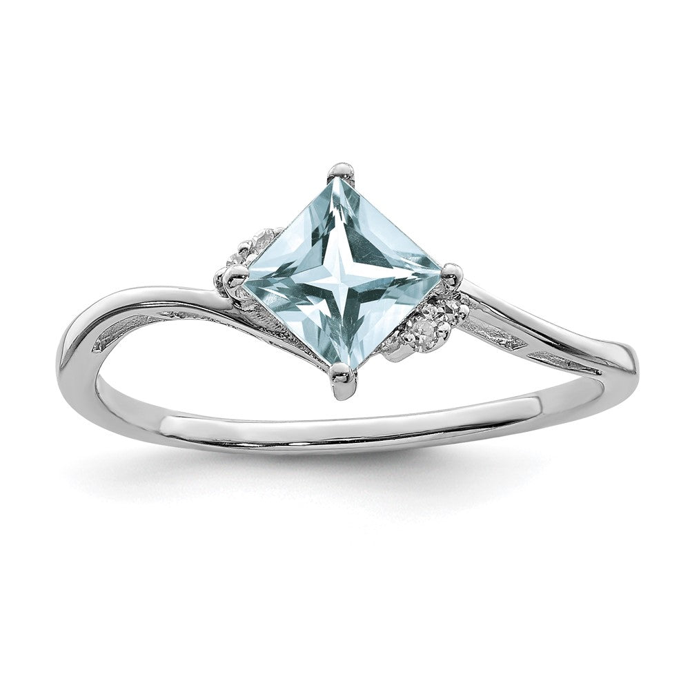 Image of ID 1 Sterling Silver Rhodium Plated Diamond & Aquamarine Square Ring
