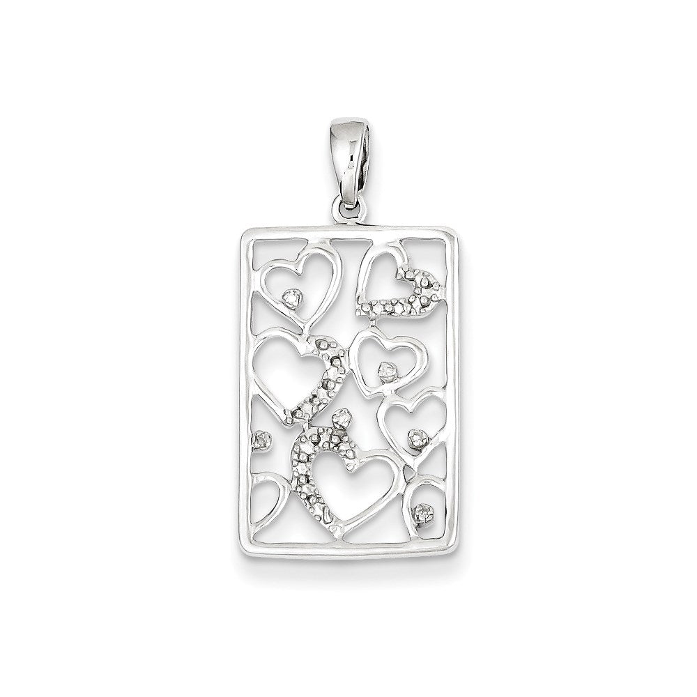 Image of ID 1 Sterling Silver Rhodium Plated Diamond Hearts Rectangle Pendant