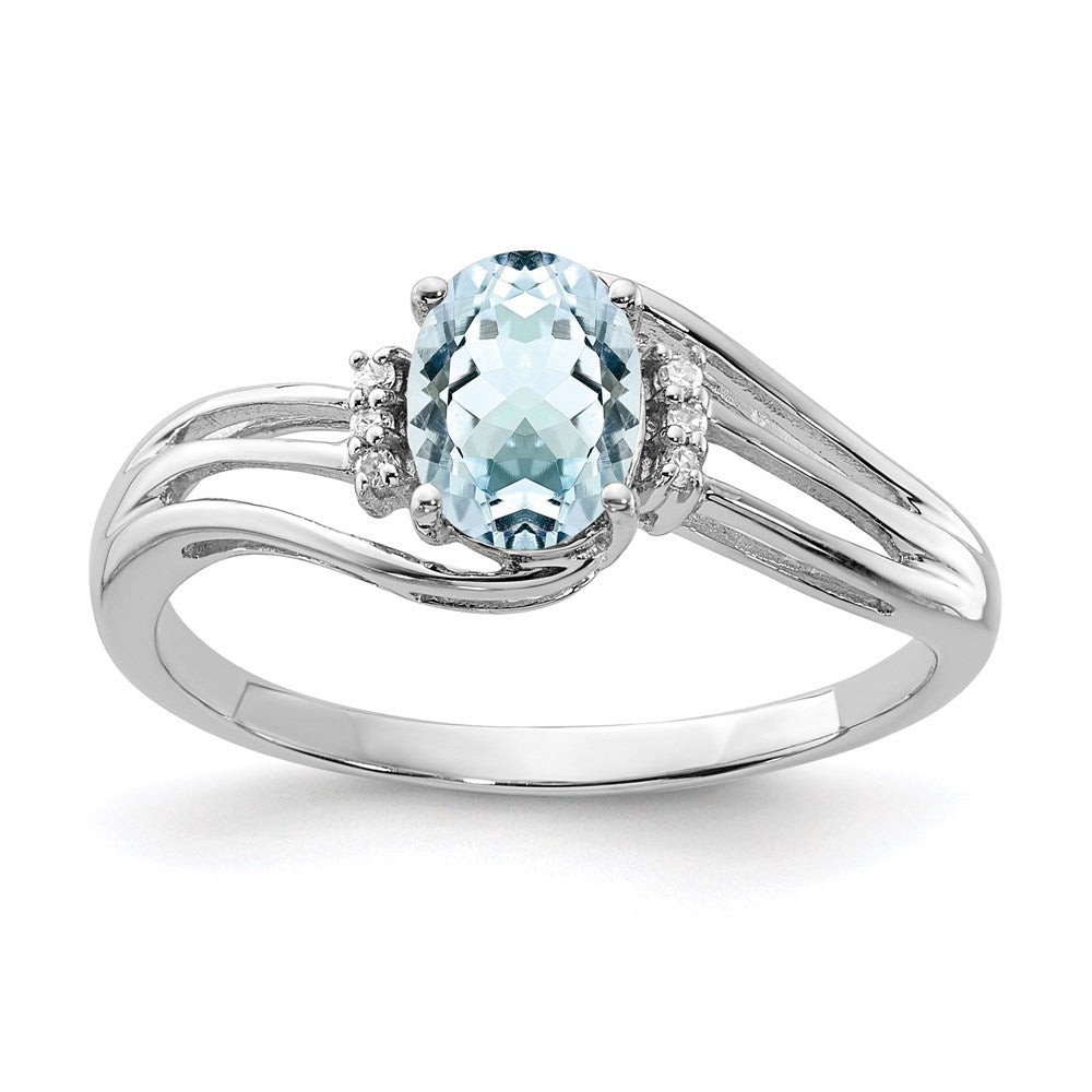Image of ID 1 Sterling Silver Rhodium Plated Diamond and Aquamarine Oval Ring