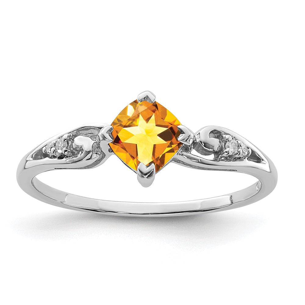 Image of ID 1 Sterling Silver Rhodium Plated Diamond and Citrine Cushion Ring