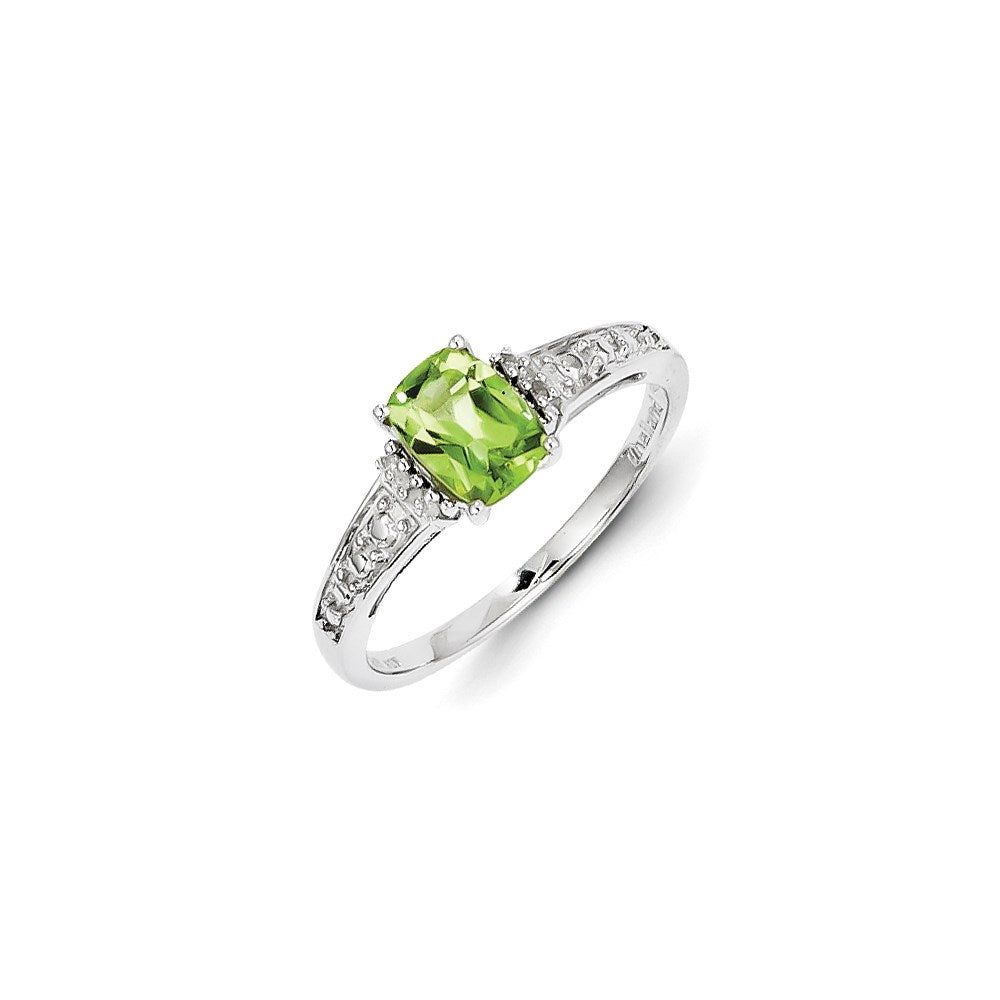 Image of ID 1 Sterling Silver Rhodium Plated Diamond and Peridot Cushion Ring