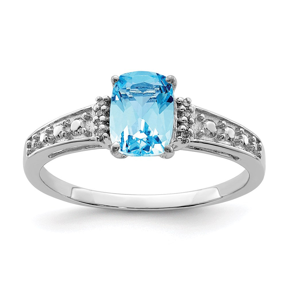 Image of ID 1 Sterling Silver Rhodium Plated Diamond and Sky Blue Topaz Cushion Ring