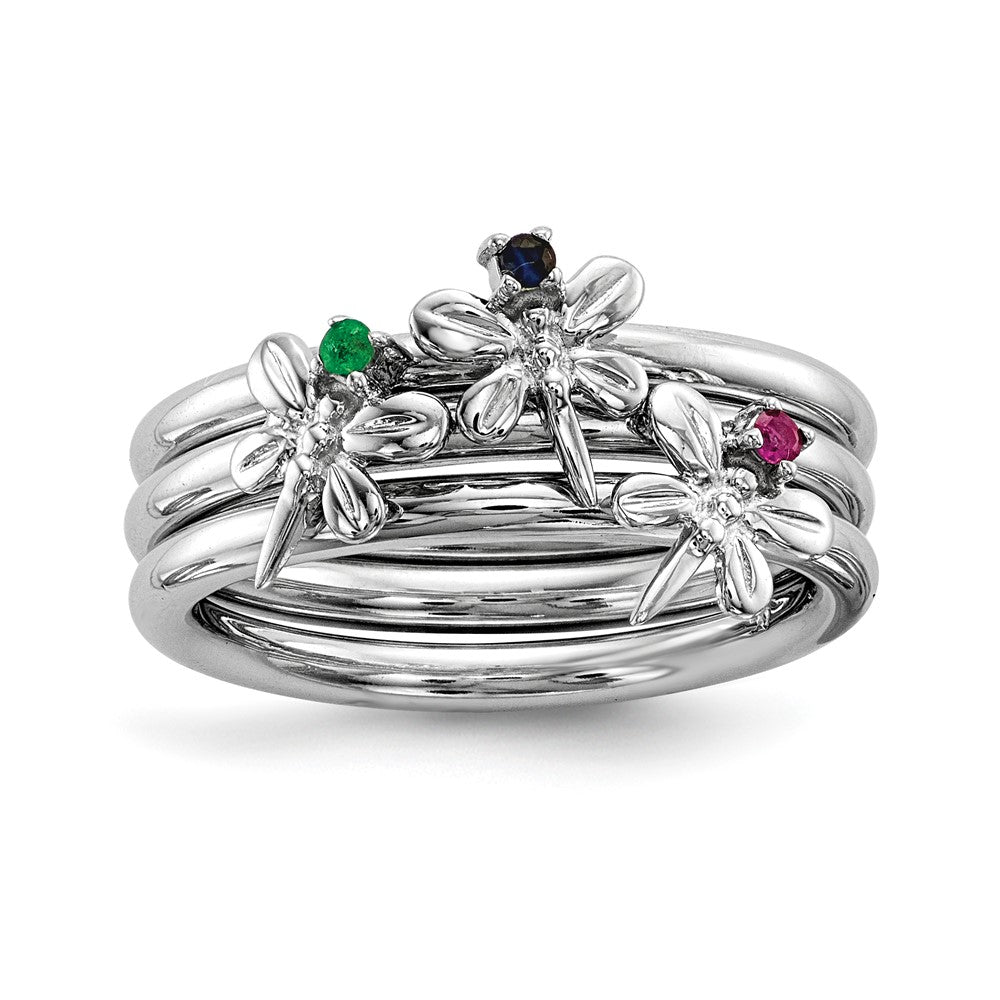 Image of ID 1 Sterling Silver Rhodium-plate Set of 3 Sapphire Ruby Emerald Rings