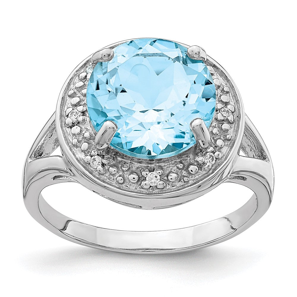 Image of ID 1 Sterling Silver Rhodium-plated 10mm Round Blue Topaz & CZ Ring