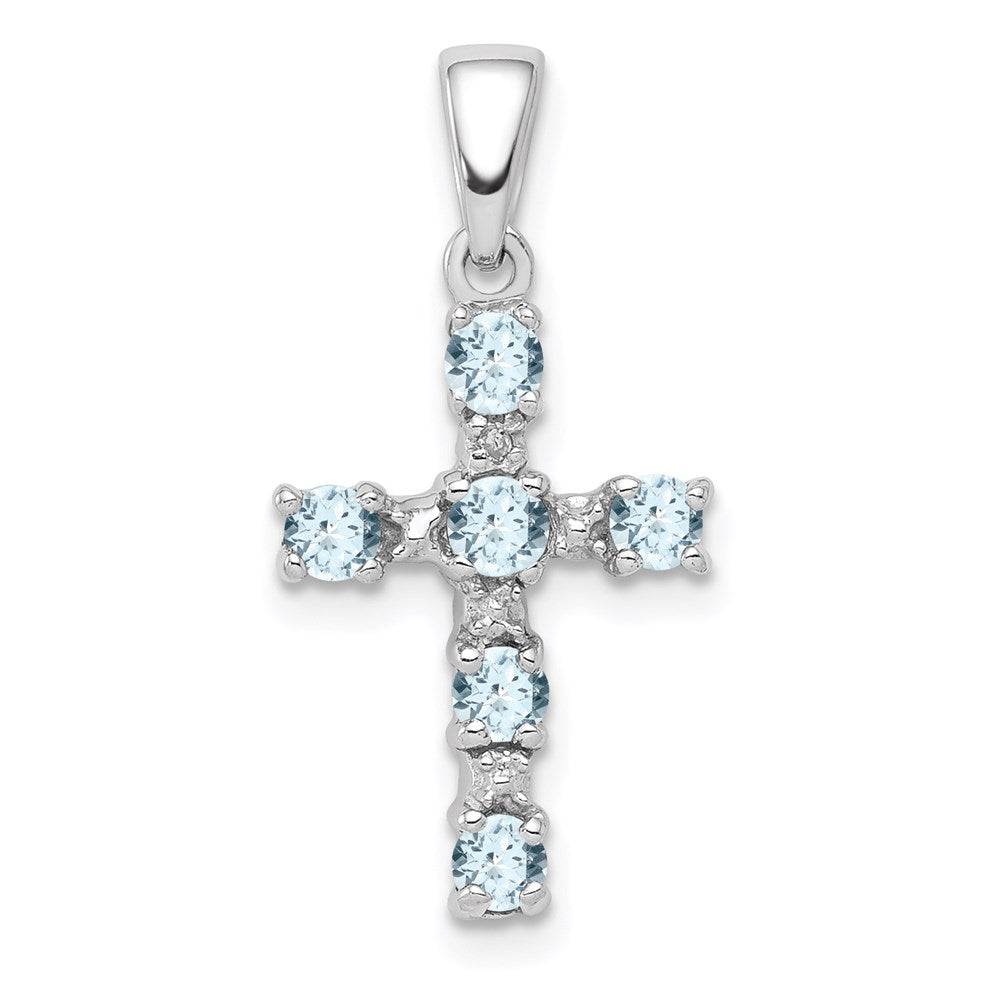 Image of ID 1 Sterling Silver Rhodium-plated Aquamarine & Diamond Accent Cross Pendant