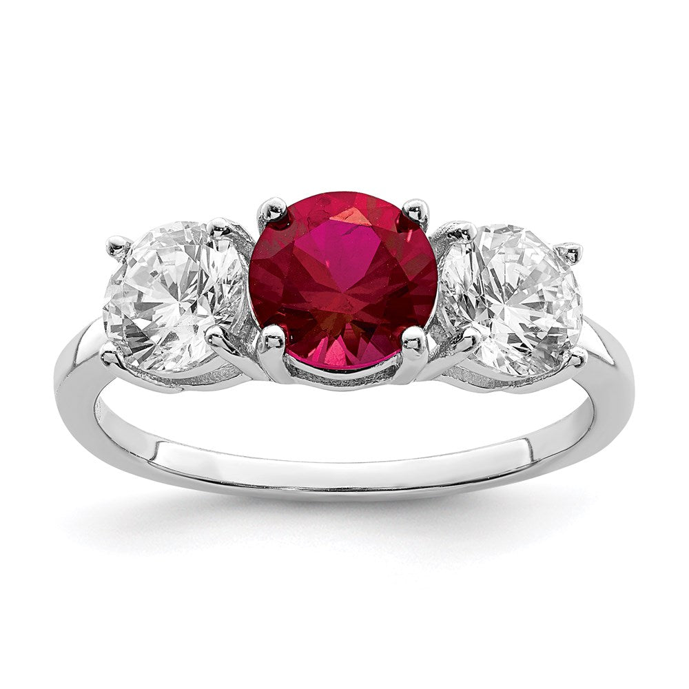 Image of ID 1 Sterling Silver Rhodium-plated Created Corundum & CZ 3 Stone Ring
