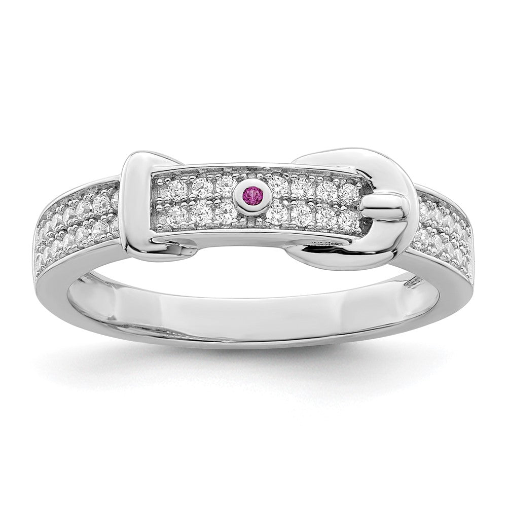 Image of ID 1 Sterling Silver Rhodium plated Created Red Corundum & CZ Buckle Ring
