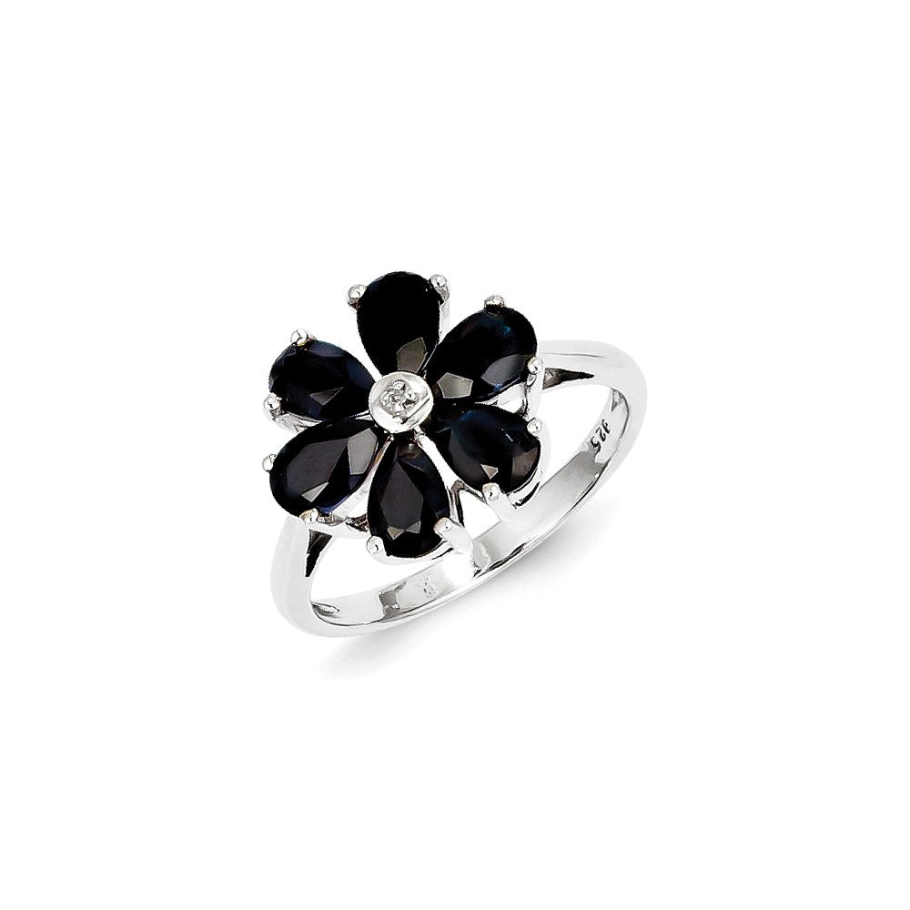 Image of ID 1 Sterling Silver Rhodium-plated Dark Sapphire & Diamond Flower Ring