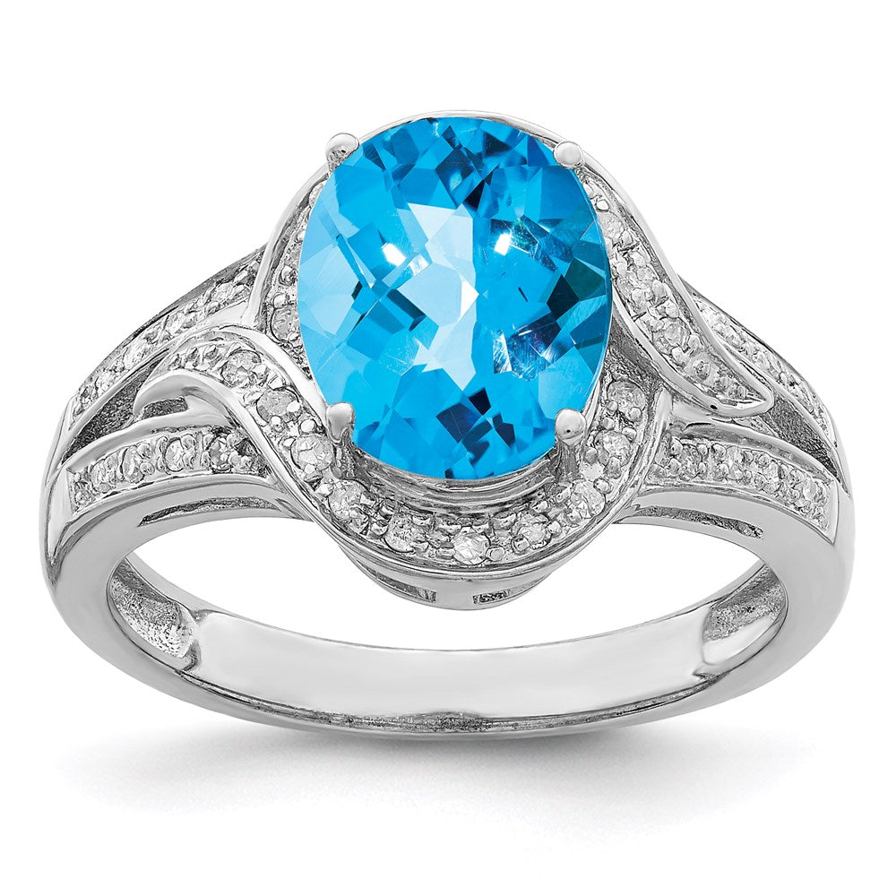 Image of ID 1 Sterling Silver Rhodium-plated Diamond & Checker-Cut Blue Topaz Ring