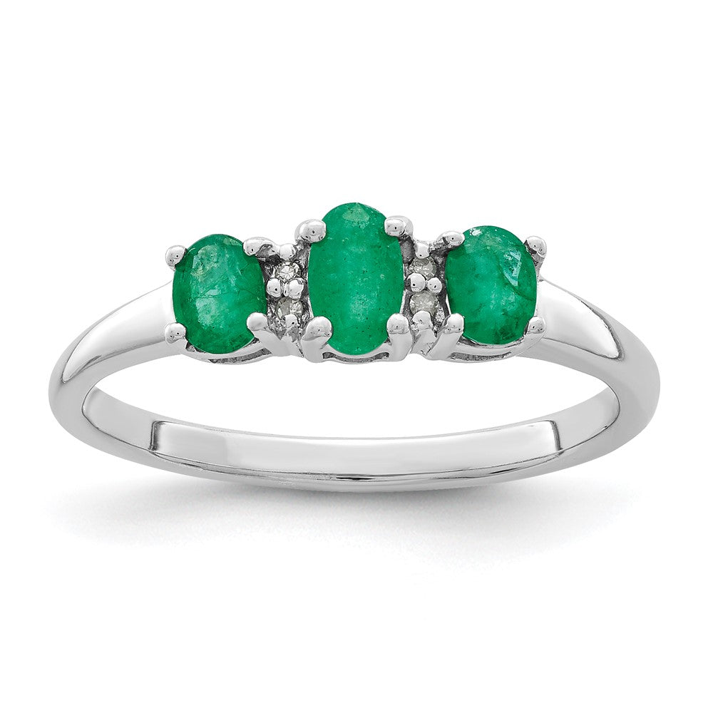 Image of ID 1 Sterling Silver Rhodium-plated Emerald 3 Stone and Diamond Ring