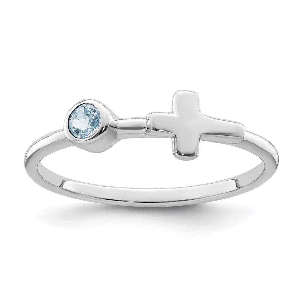 Image of ID 1 Sterling Silver Rhodium-plated Polished Cross Aquamarine Ring