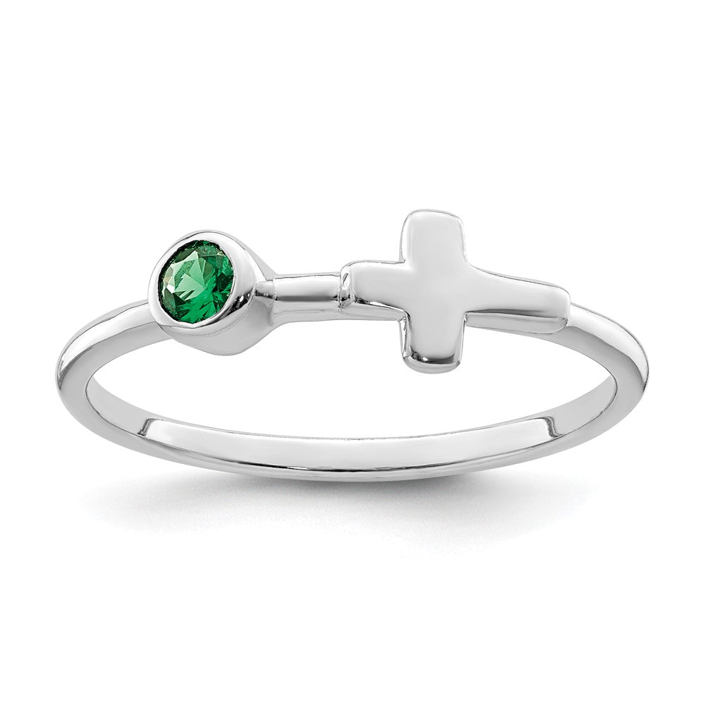 Image of ID 1 Sterling Silver Rhodium-plated Polished Cross Lab Created Emerald Ring
