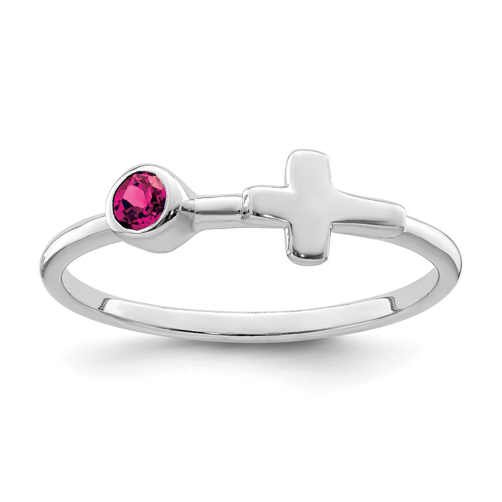 Image of ID 1 Sterling Silver Rhodium-plated Polished Cross Lab Created Ruby Ring