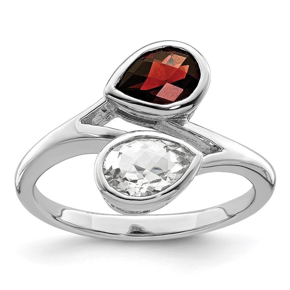 Image of ID 1 Sterling Silver Rhodium-plated Polished Garnet & White Topaz ByPass Ring
