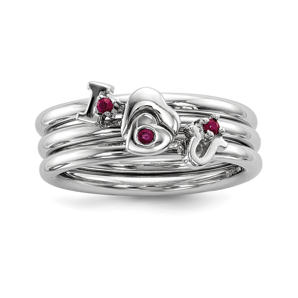 Image of ID 1 Sterling Silver Rhodium-plated Set of 3 Ruby Stacking ILOVEU Rings