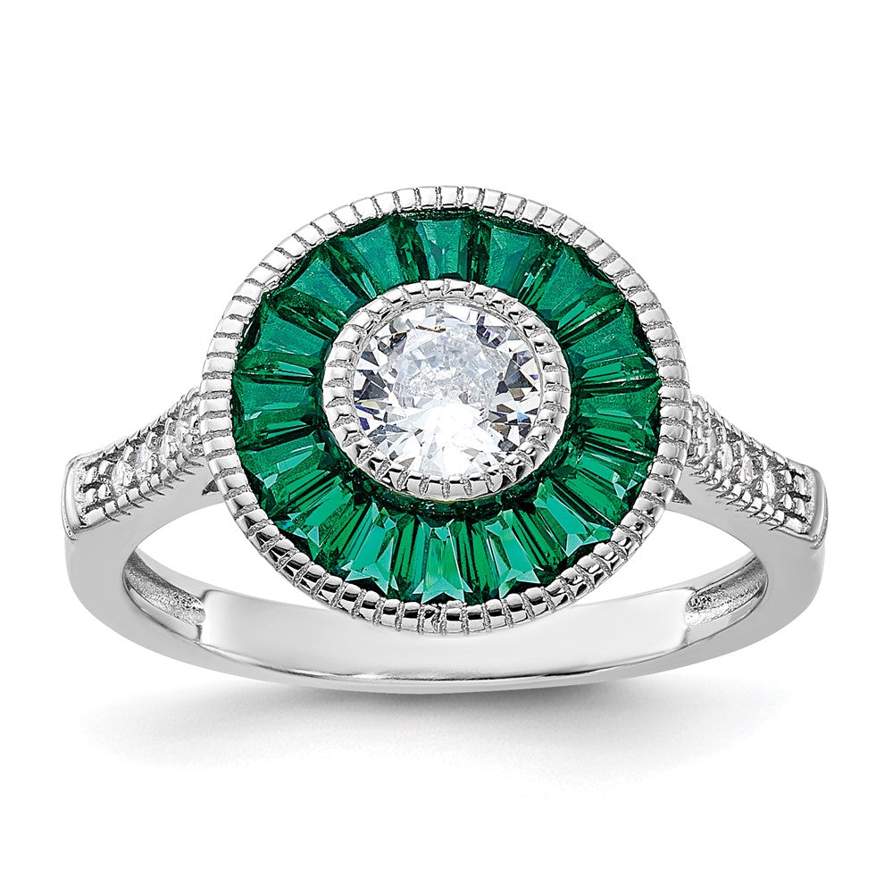 Image of ID 1 Sterling Silver Rhodium-plated Synthetic Green Spinel and CZ Ring