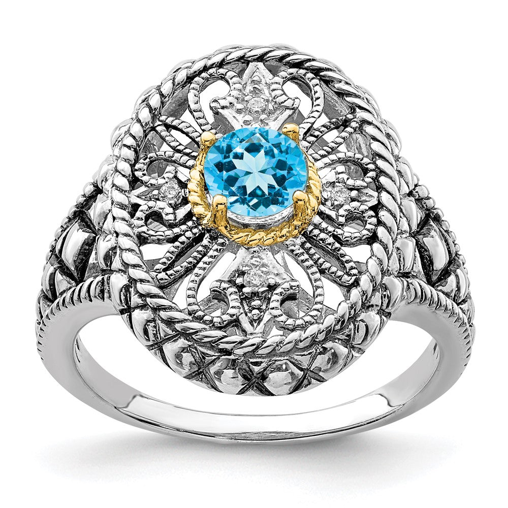 Image of ID 1 Sterling Silver Rhodium w/14k Accent Blue Topaz & CZ Oval Fancy Ring
