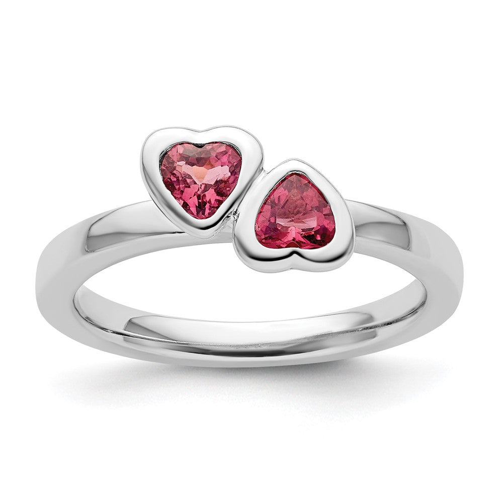 Image of ID 1 Sterling Silver Stackable Expressions Pink Tourmaline Double Heart Ring