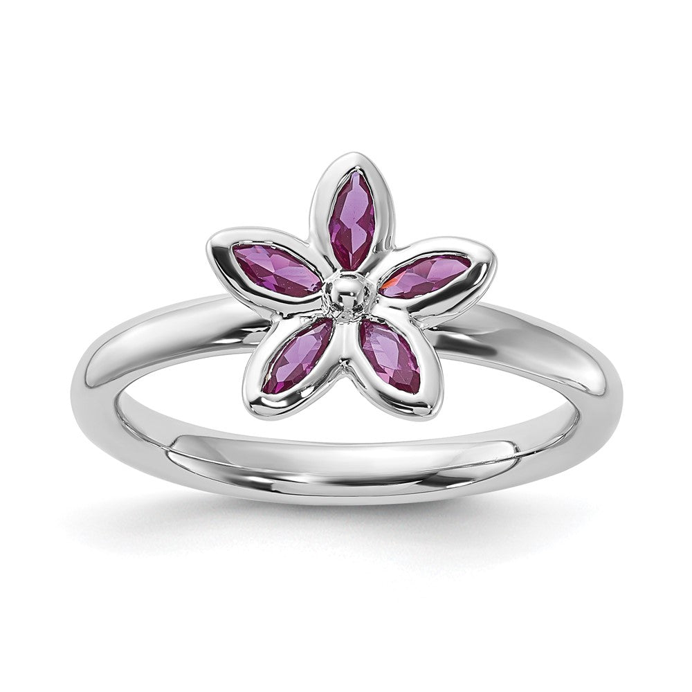 Image of ID 1 Sterling Silver Stackable Expressions Polished Created Ruby Flower Ring