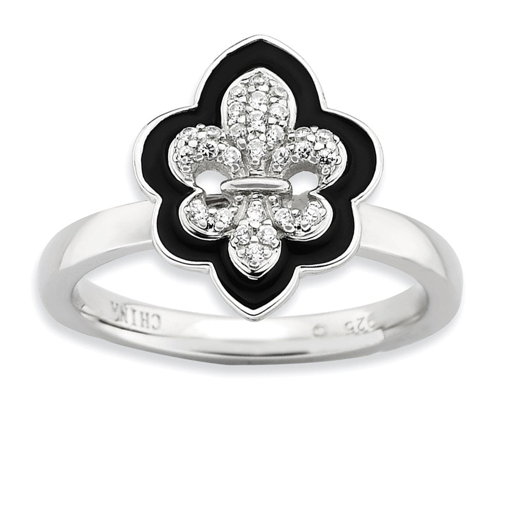 Image of ID 1 Sterling Silver Stackable Expressions Polished Enameled/CZ FleurDeLis Ring