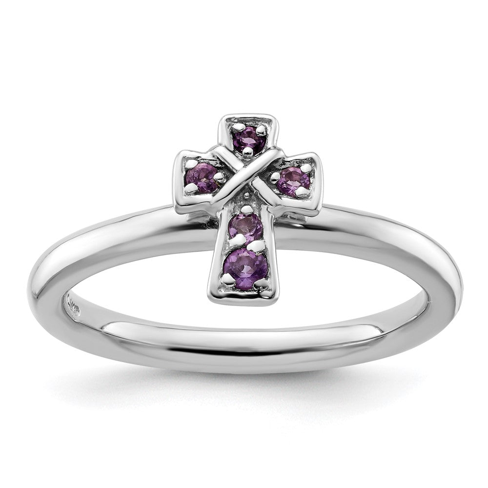 Image of ID 1 Sterling Silver Stackable Expressions Rhodium Amethyst Cross Ring