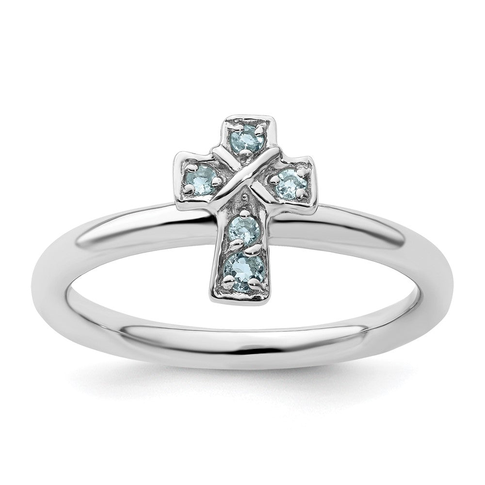Image of ID 1 Sterling Silver Stackable Expressions Rhodium Aquamarine Cross Ring