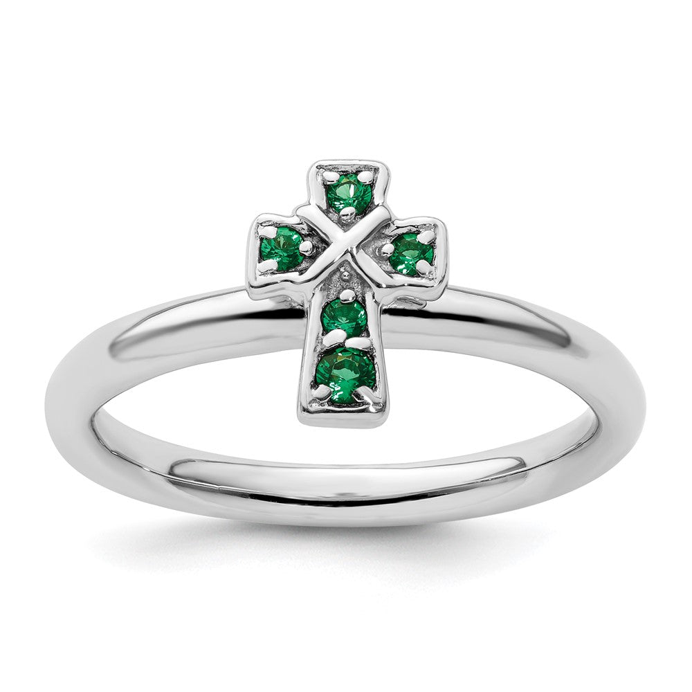 Image of ID 1 Sterling Silver Stackable Expressions Rhodium Created Emerald Cross Ring