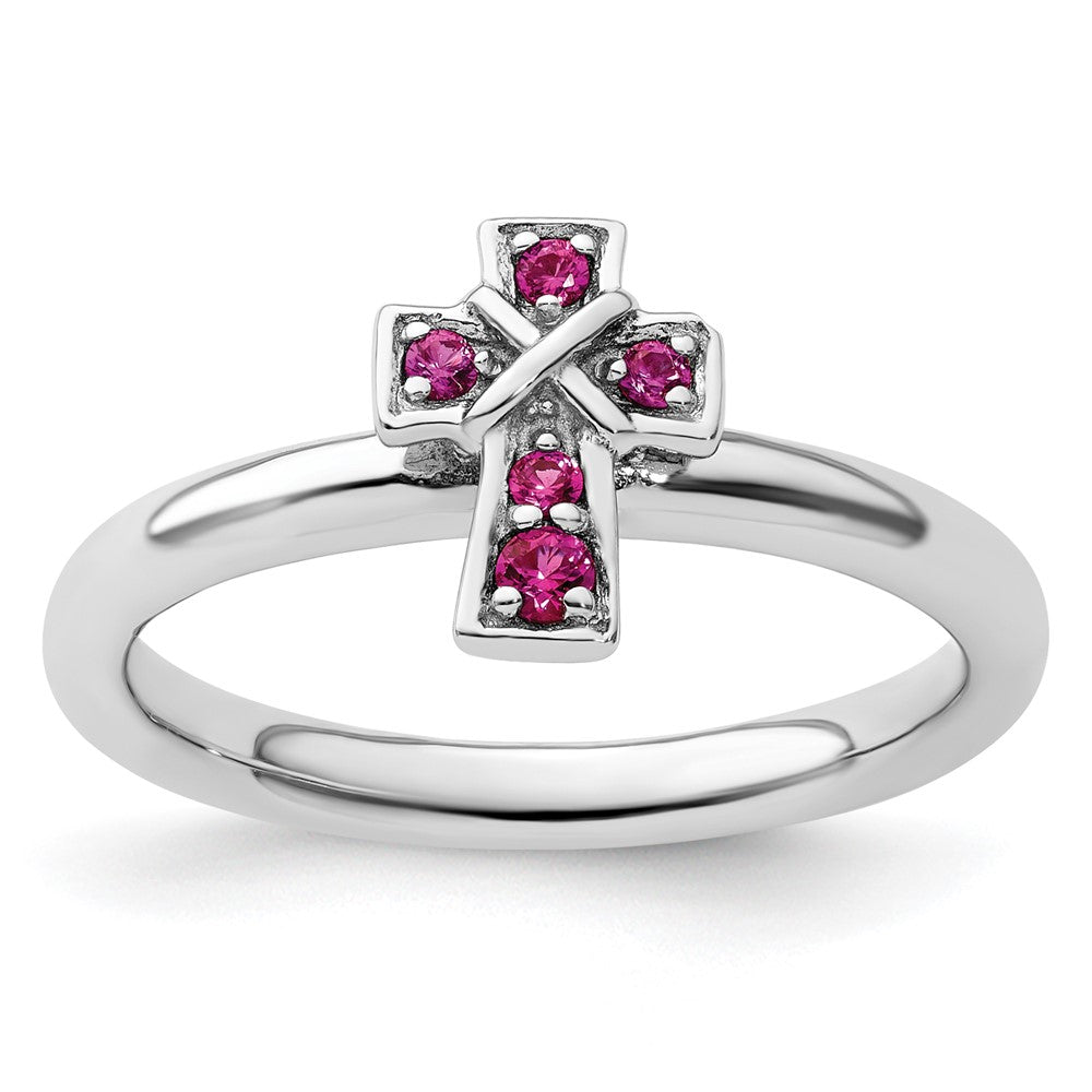 Image of ID 1 Sterling Silver Stackable Expressions Rhodium Created Ruby Cross Ring