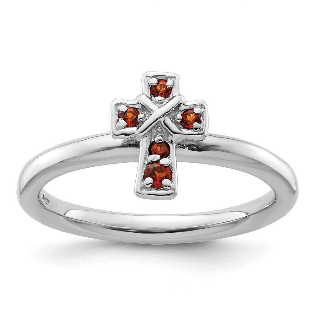 Image of ID 1 Sterling Silver Stackable Expressions Rhodium Garnet Cross Ring