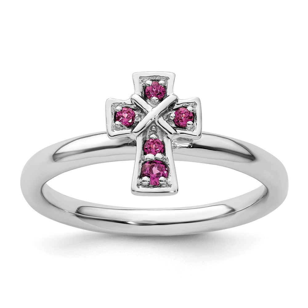 Image of ID 1 Sterling Silver Stackable Expressions Rhodium Rhodolite Garnet Cross Ring
