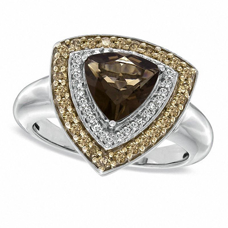 Image of ID 1 Trillion-Cut Smoky Quartz and 050 CT TW Enhanced Champagne and White Natural Diamond Ring in Sterling Silver