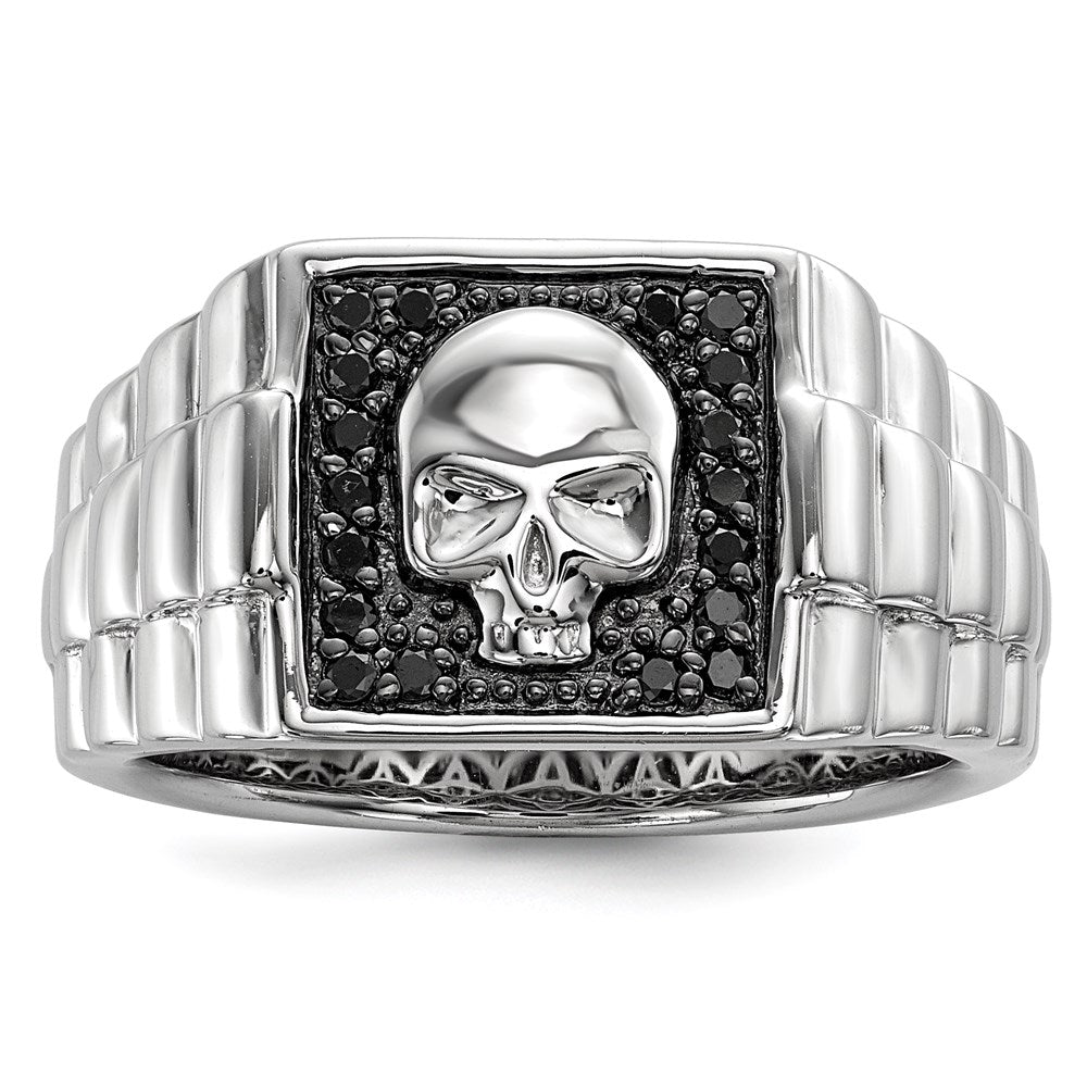 Image of ID 1 White Night Sterling Silver Rhodium-plated Black Diamond Square Skull Men's Ring