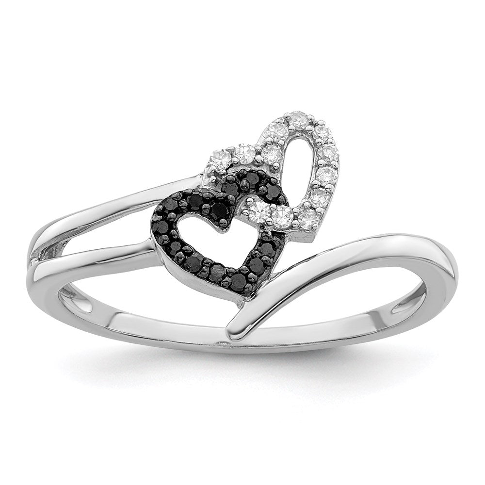 Image of ID 1 White Night Sterling Silver Rhodium-plated Black and White Diamond Double Heart Ring