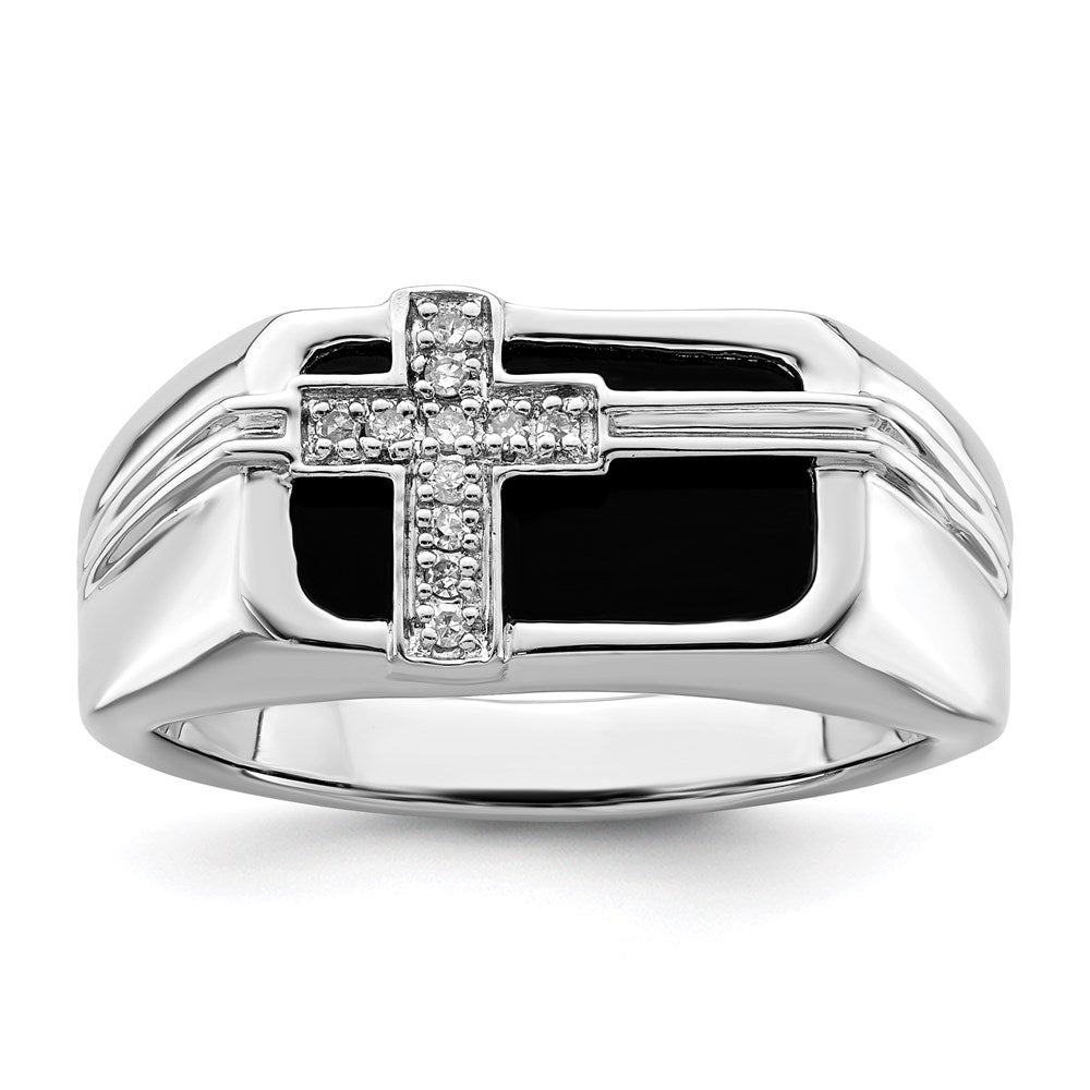 Image of ID 1 White Night Sterling Silver Rhodium-plated Diamond and Black Onyx Cross Men's Ring